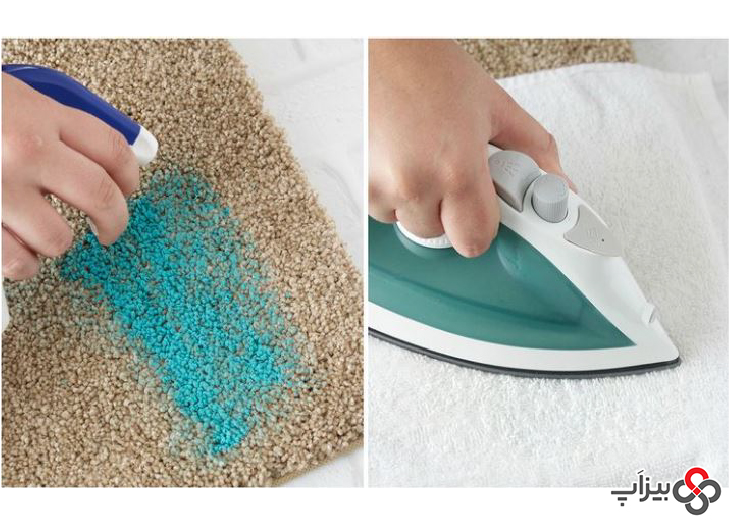 2. با استفاده از اتو لکه سخت را از روی فرش پاک‌ کنید