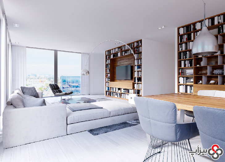 1. دوست‌ داشتنی کردن فضا با قرار دادن قفسه کتاب و فرش